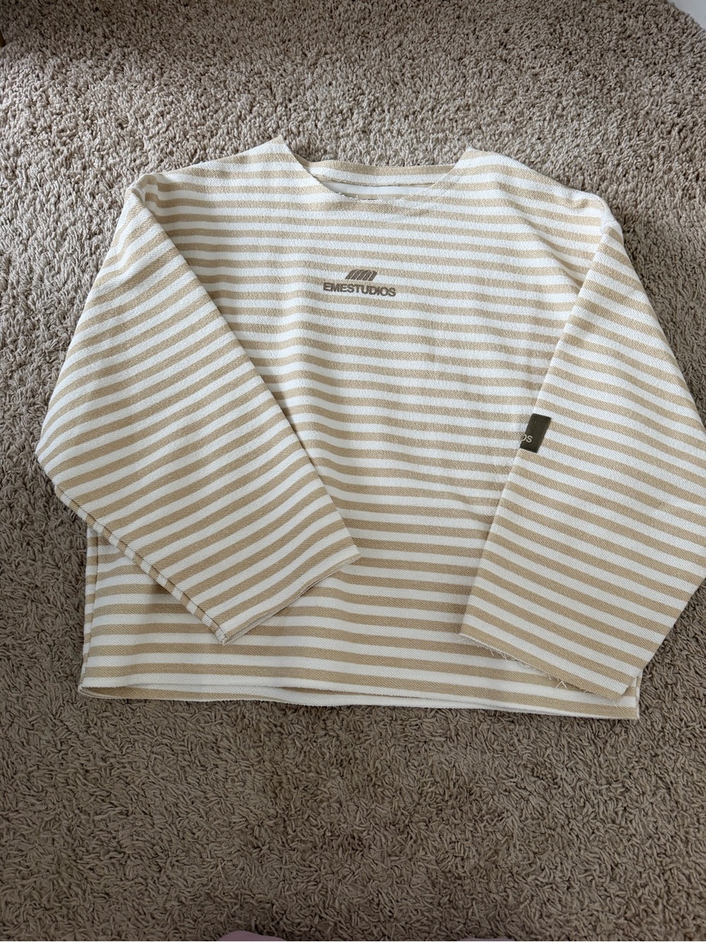 Beige & White Striped Crewneck Sweatshirt